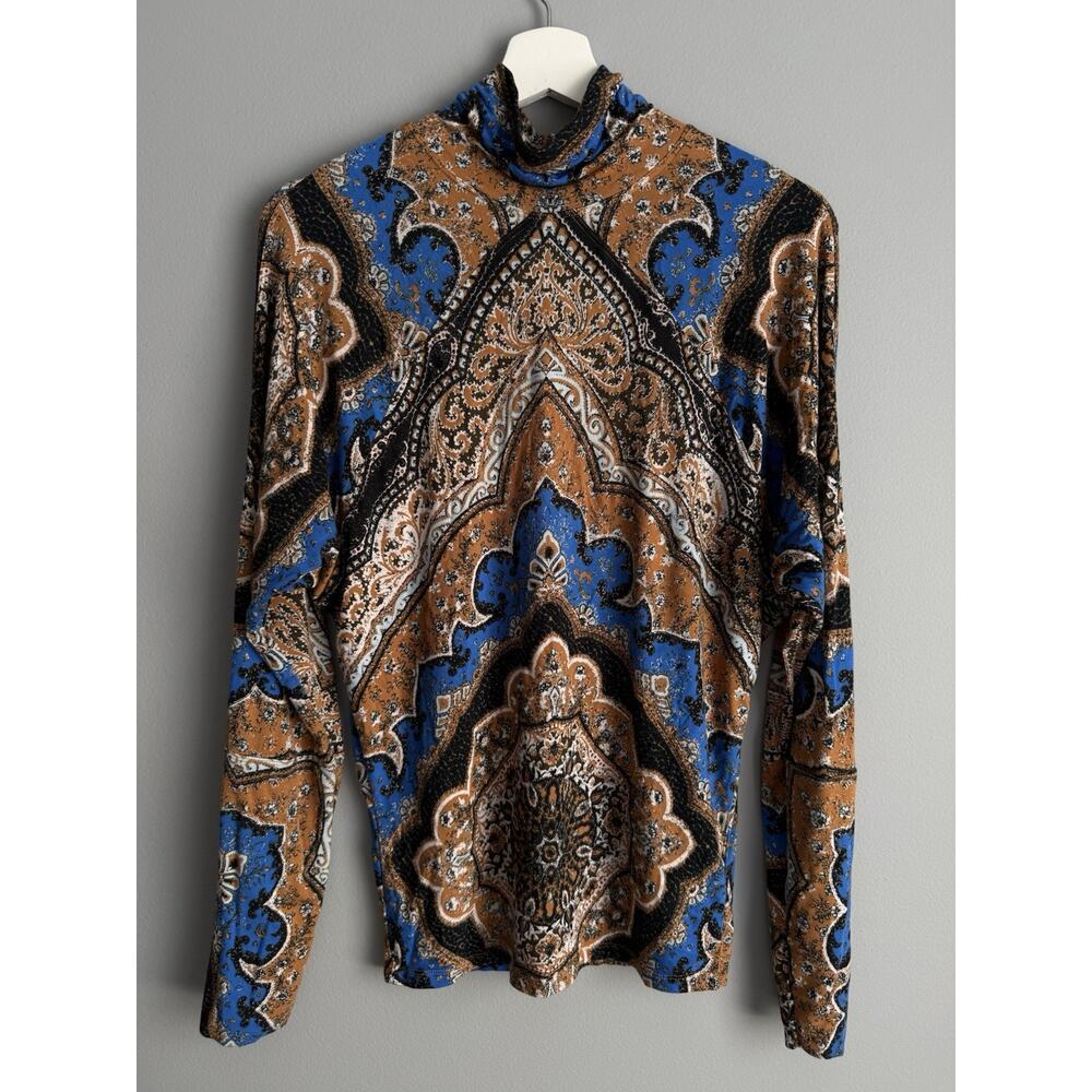 Free People Paisley Turtleneck Top Boho Long Sleeve Stretch Shirt Women S Y2K